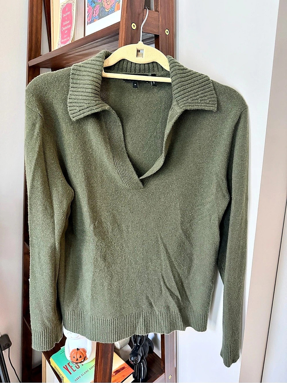 Theory Open Collar Cashmere Polo Sweater Green Medium